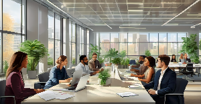 A diverse group of employees collaborating in a bright modern office with large windows and plants.