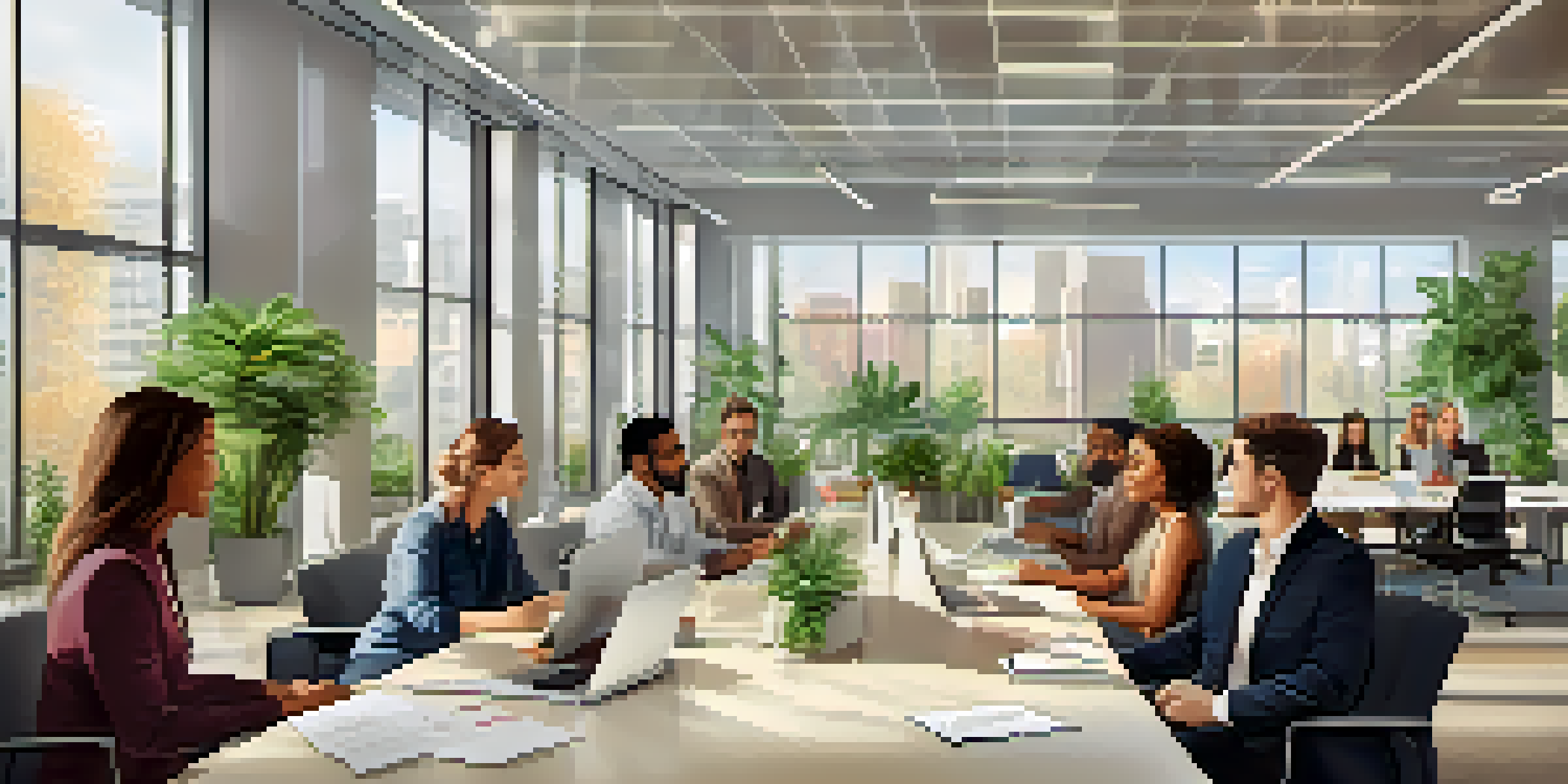 A diverse group of employees collaborating in a bright modern office with large windows and plants.