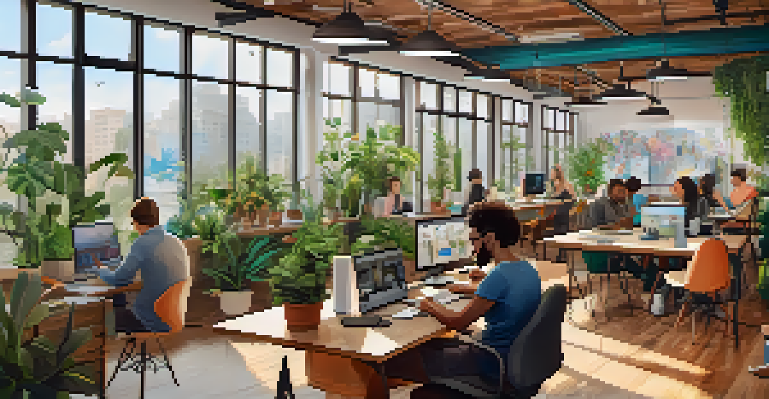 A lively coworking space with diverse digital nomads collaborating at desks, surrounded by modern art and natural light from large windows.