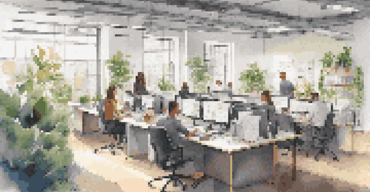 An open office environment where employees work together at a communal desk, showcasing a collaborative workspace.