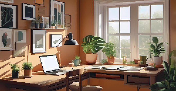 A home study area featuring a laptop, books, coffee, and plants with natural light pouring in.