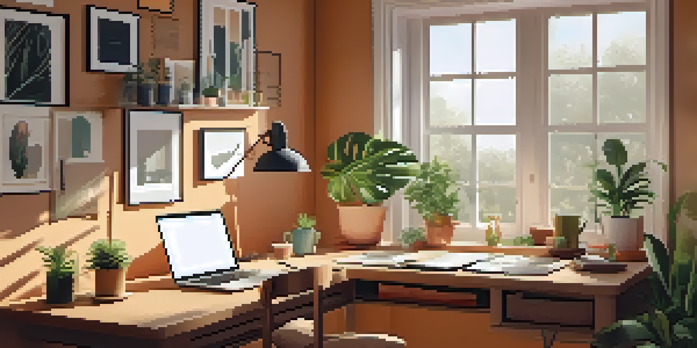 A home study area featuring a laptop, books, coffee, and plants with natural light pouring in.