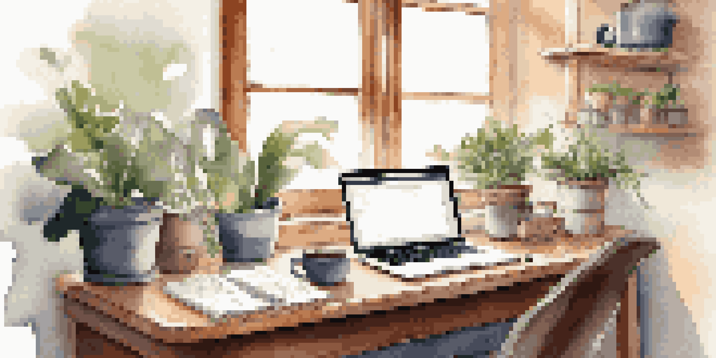 A modern workspace with a laptop, plants, a cup of coffee, and a notepad, illuminated by soft natural light.