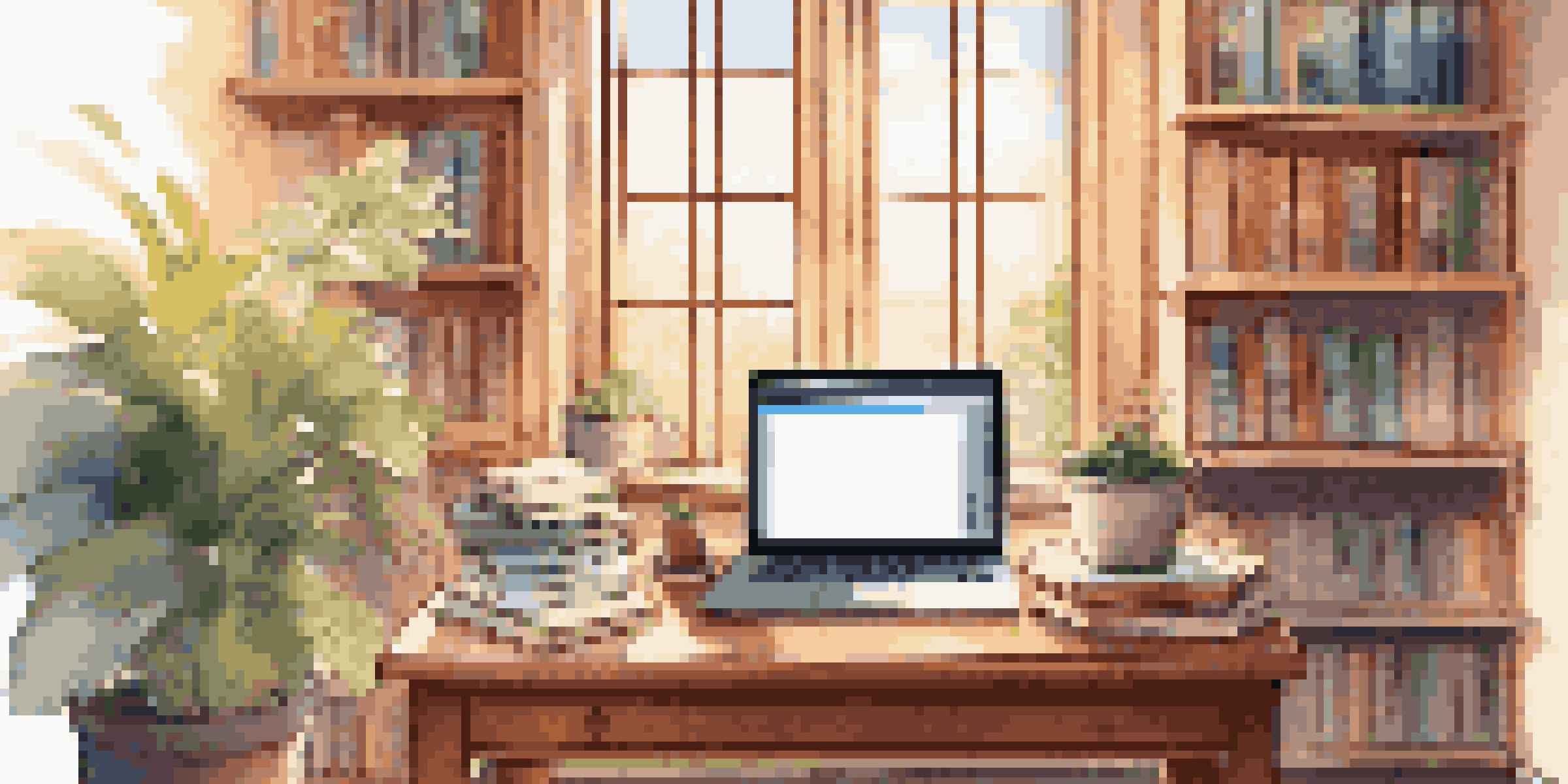 A cozy study area with a laptop, books, and a coffee cup, illuminated by warm sunlight.