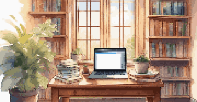 A cozy study area with a laptop, books, and a coffee cup, illuminated by warm sunlight.
