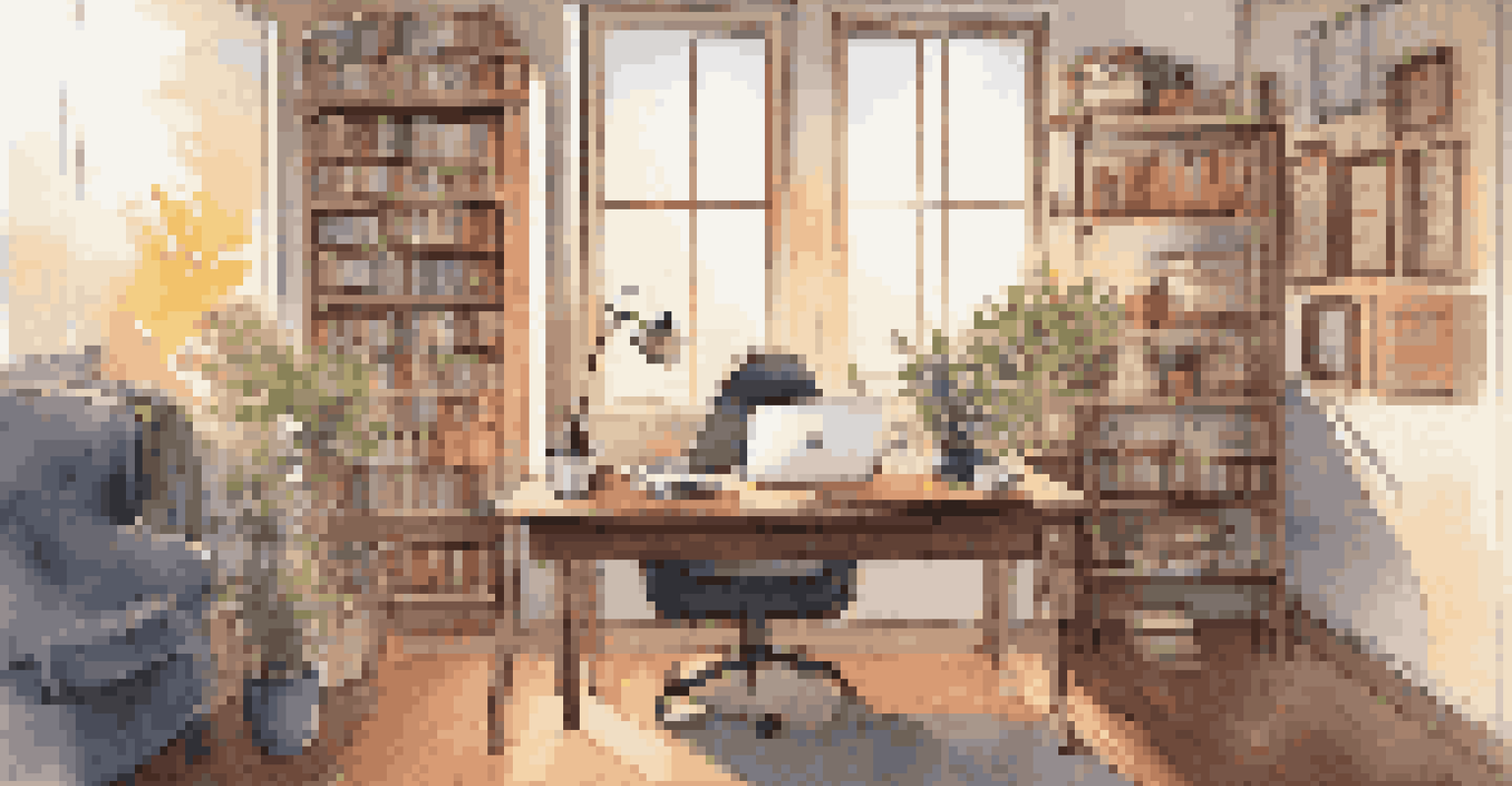 A person enjoying a break at their desk with a cup of tea in a warmly lit workspace.