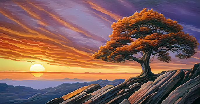 A strong tree growing in a rocky landscape during a colorful sunset, symbolizing resilience and adaptability.