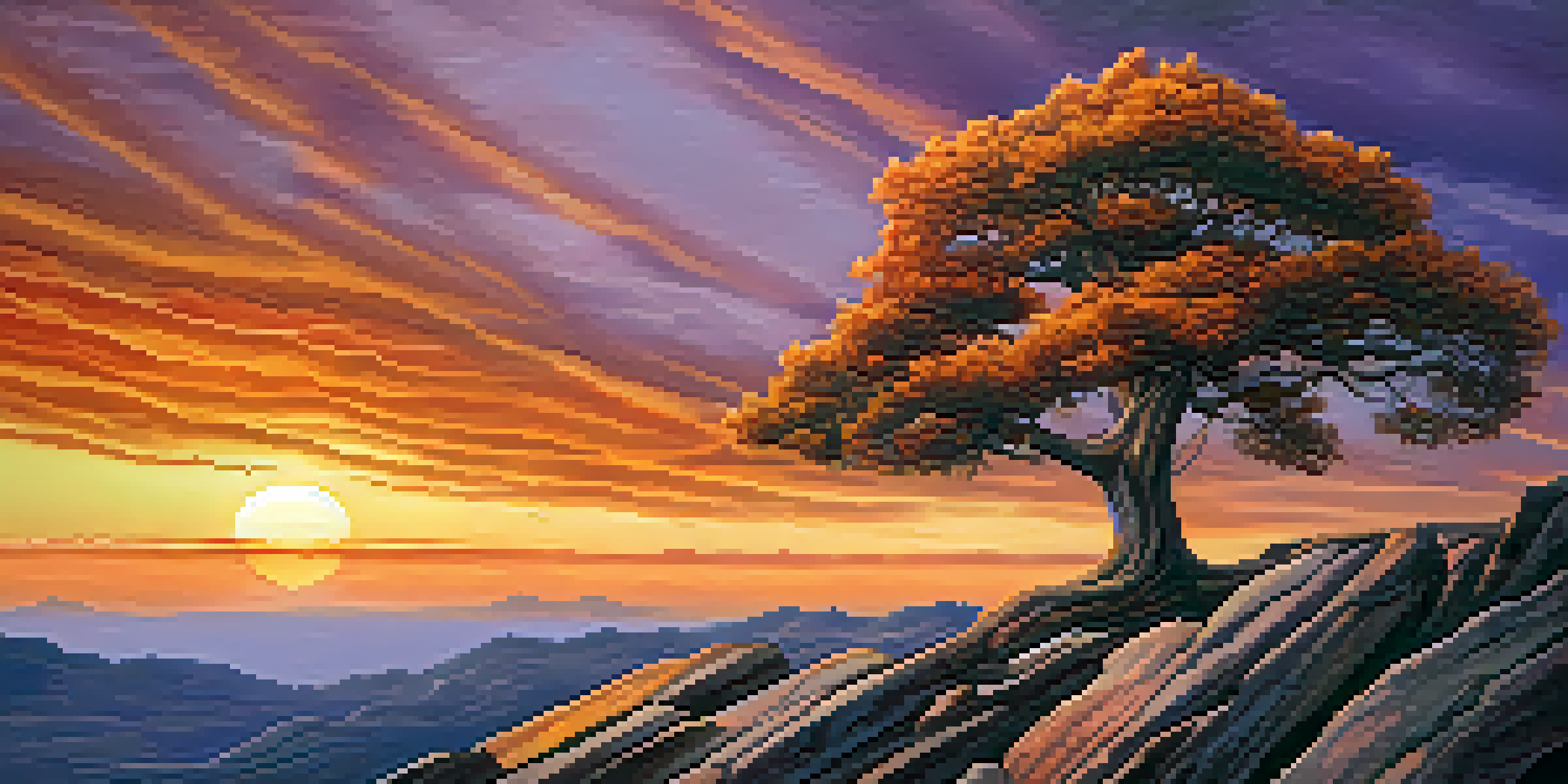 A strong tree growing in a rocky landscape during a colorful sunset, symbolizing resilience and adaptability.