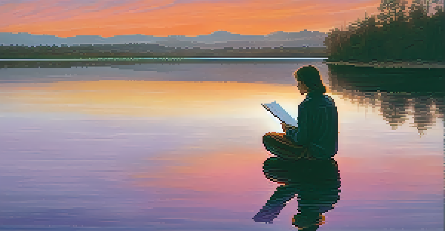 A person sitting by a lakeside at sunset, writing in a journal, with a colorful sky and calm water reflecting the scene.