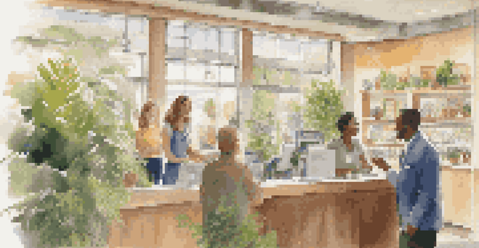 A friendly customer service agent engaging with diverse customers in a bright and welcoming environment, showcasing empathy and attentiveness.