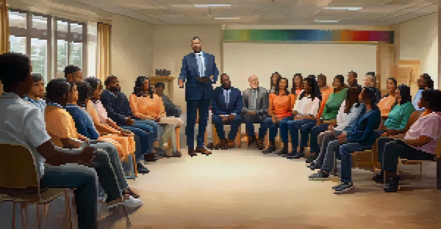 A leader sharing a personal story about inclusion to a team in a warm and inviting meeting space.