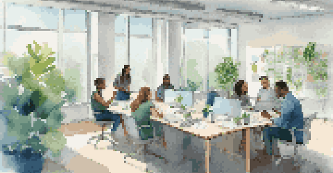 A diverse group of employees having a collaborative meeting in a bright, plant-filled office space.