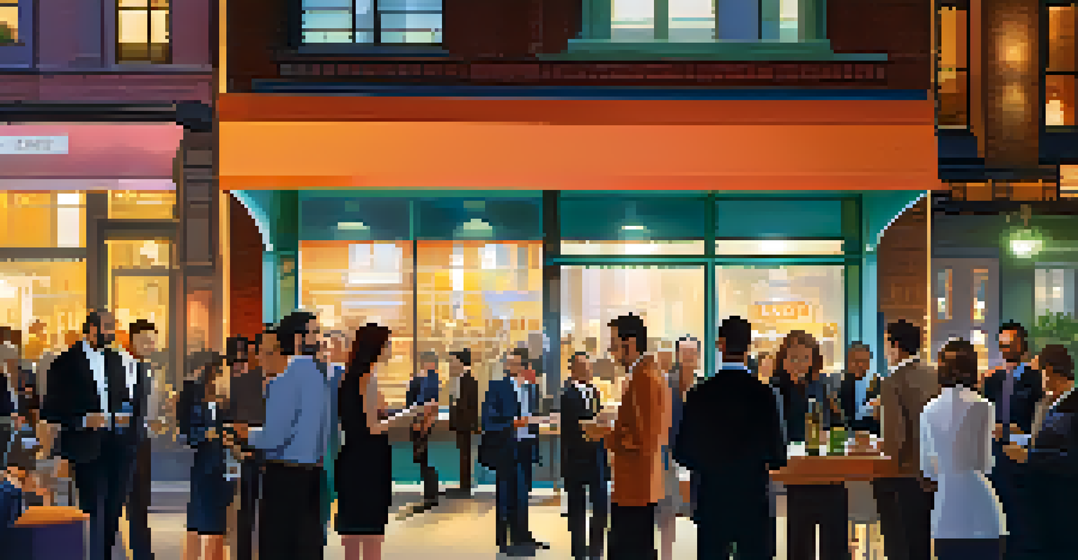 Professionals networking at an urban event, exchanging business cards and engaging in conversations.