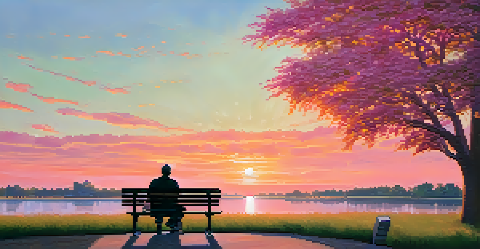 A person on a bench in a park, looking towards a colorful sunset, with an open notebook on their lap.