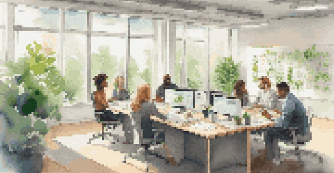 A diverse team of employees working together in a bright office space with plants and motivational posters.
