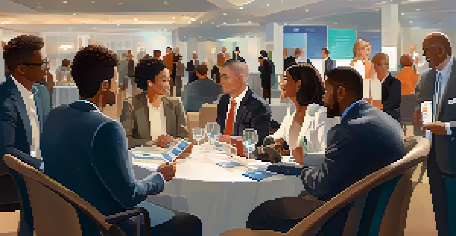 A diverse group of professionals networking at a conference, conversing and exchanging business cards with a 'Networking Event' banner in the background.