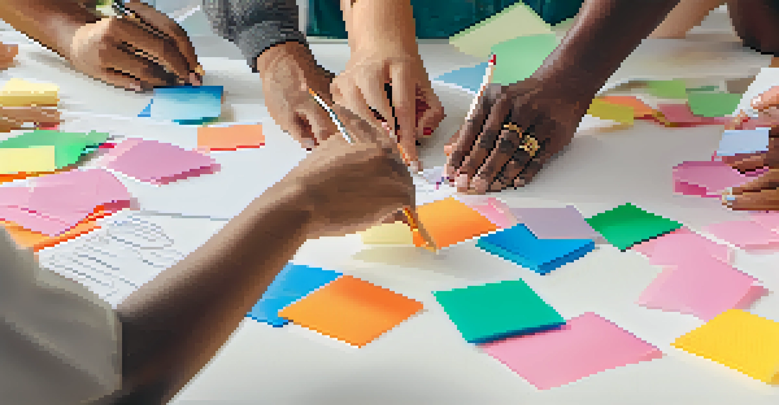 A close-up view of diverse hands working together with colorful sticky notes and a whiteboard in the background, symbolizing teamwork and inclusivity.