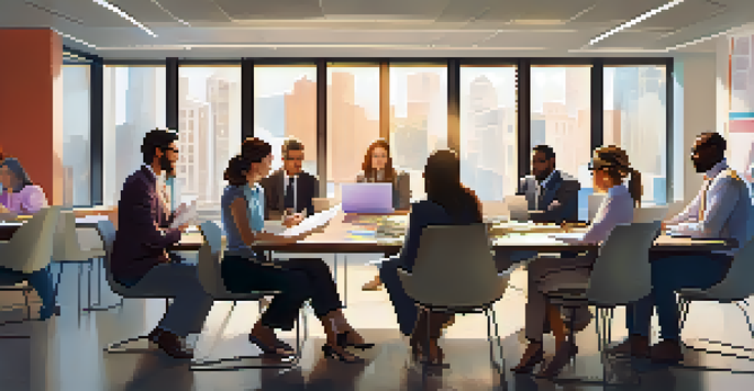 A group of diverse office workers in a collaborative meeting, discussing around a table filled with documents and laptops, in a well-lit office.