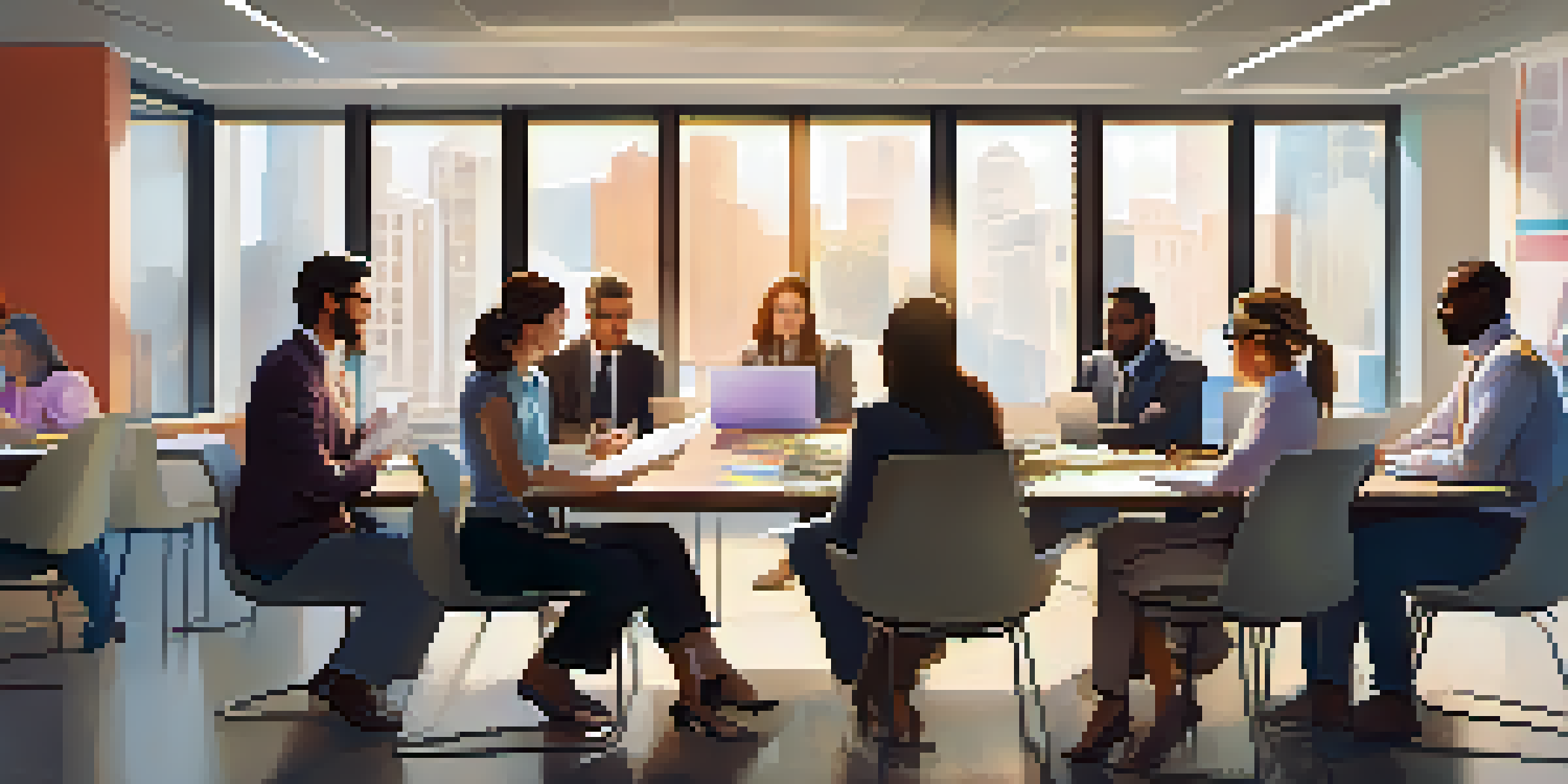 A group of diverse office workers in a collaborative meeting, discussing around a table filled with documents and laptops, in a well-lit office.