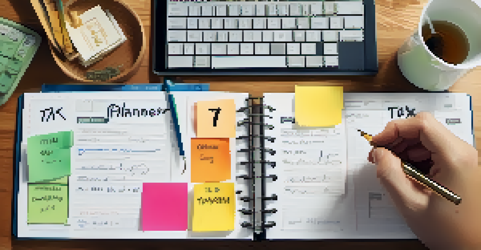A close-up of a hand writing in a planner with tax documents, a calculator, and a cup of tea.