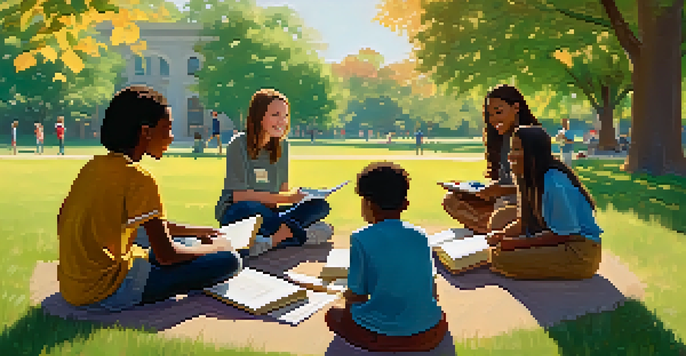 A group of diverse students sitting in a circle on the grass, discussing and collaborating in a warm, sunlit outdoor setting.