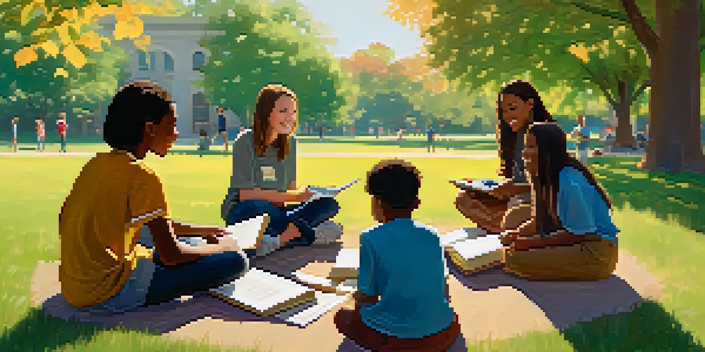 A group of diverse students sitting in a circle on the grass, discussing and collaborating in a warm, sunlit outdoor setting.