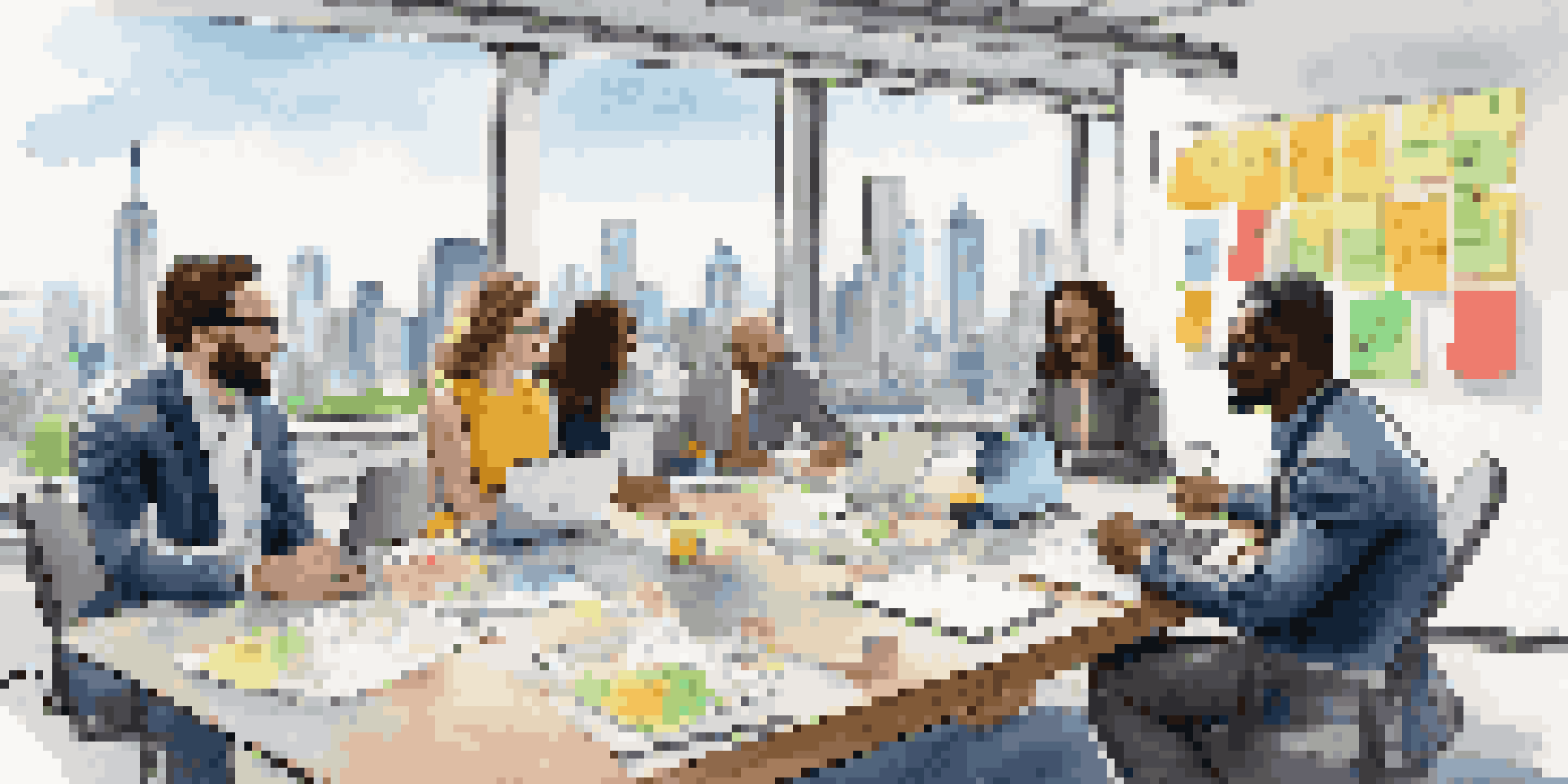 A diverse group of professionals engaged in a collaborative brainstorming session around a conference table, with city skyline visible through large windows.