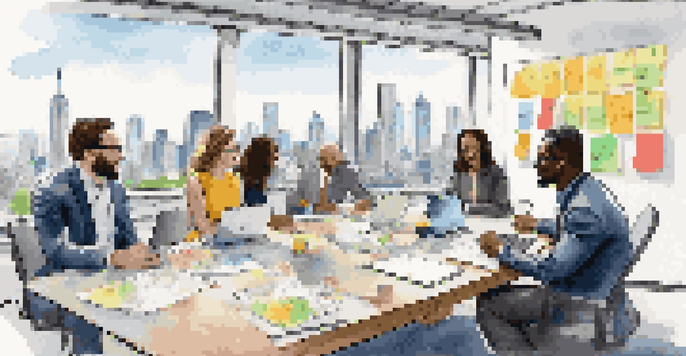 A diverse group of professionals engaged in a collaborative brainstorming session around a conference table, with city skyline visible through large windows.