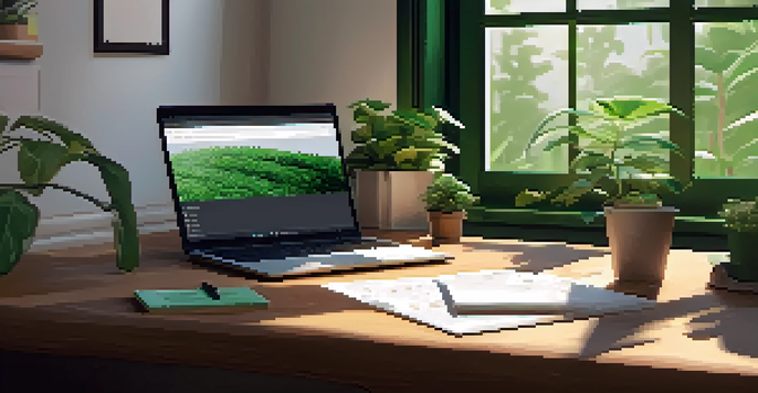 A peaceful workspace featuring a wooden desk with a laptop, a notepad, and plants, illuminated by natural light.