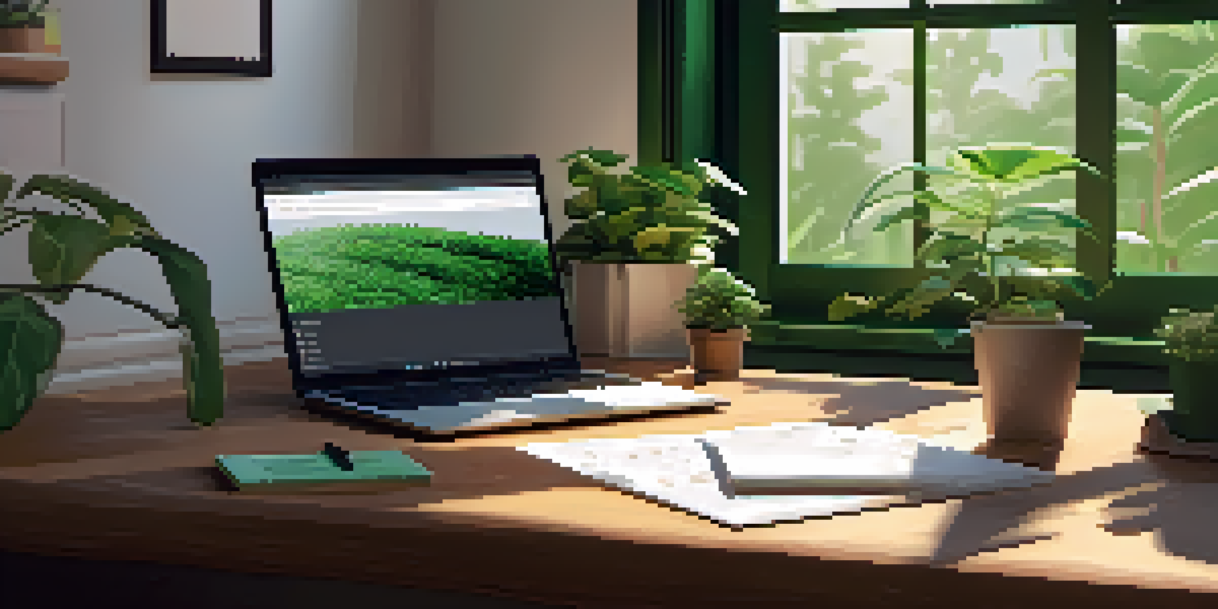 A peaceful workspace featuring a wooden desk with a laptop, a notepad, and plants, illuminated by natural light.