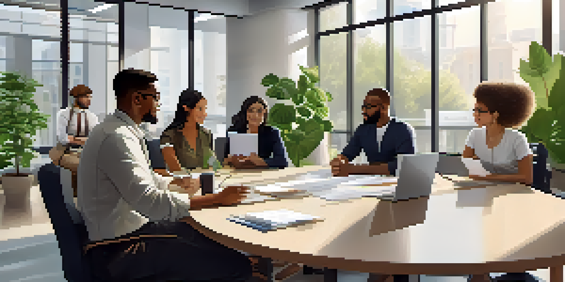 A diverse group of colleagues collaborating in a bright, modern office, demonstrating teamwork and communication.