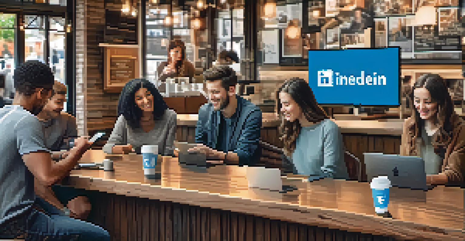 A hand holding a smartphone showing a LinkedIn profile, set against the backdrop of a busy coffee shop.
