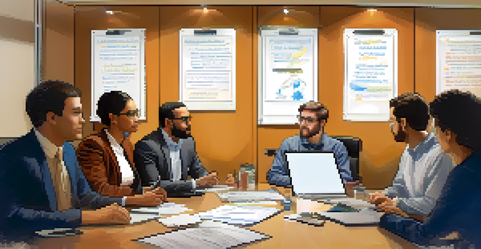 A diverse group of employees in a safety committee meeting discussing safety protocols with reports and a laptop.