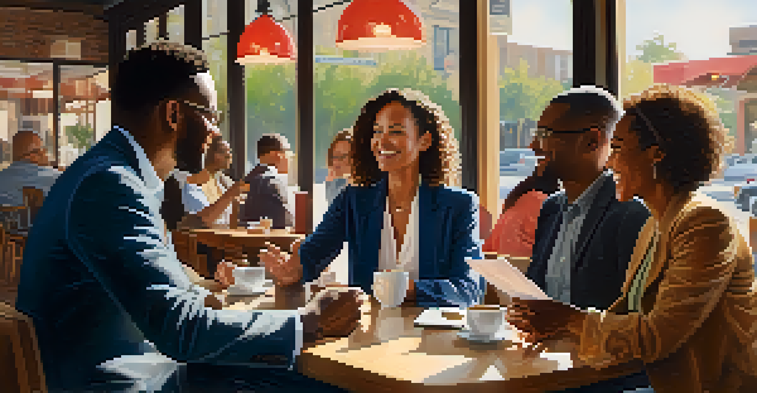 A group of diverse professionals networking and sharing business cards at a coffee shop, with sunlight illuminating the scene.
