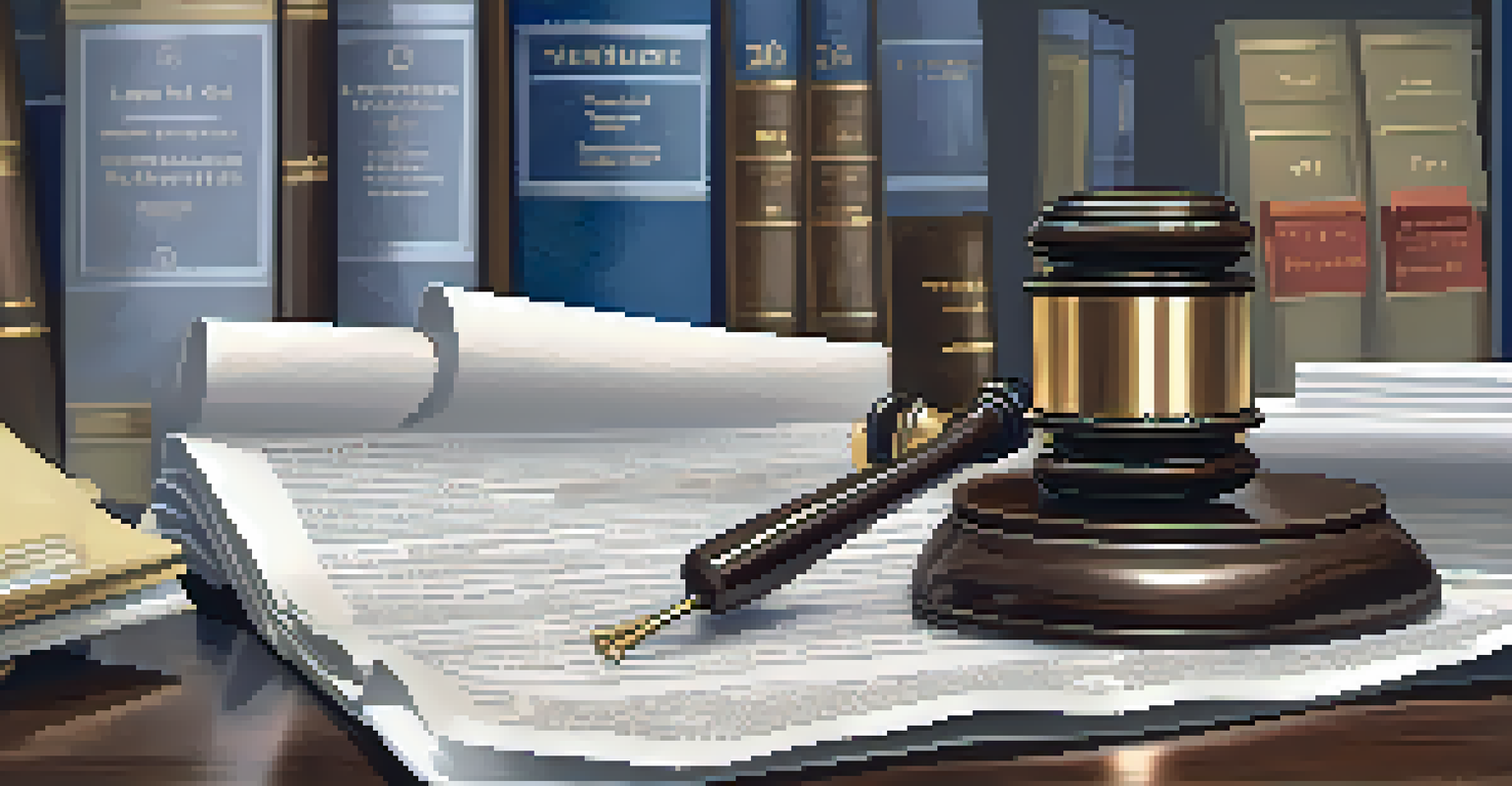 An artistic view of a legal contract with highlighted terms and legal symbols in the background.