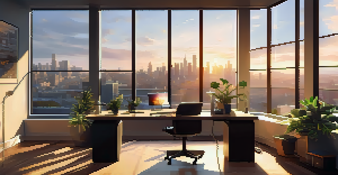 A modern office space with a city skyline view at sunset, featuring a desk and laptop.