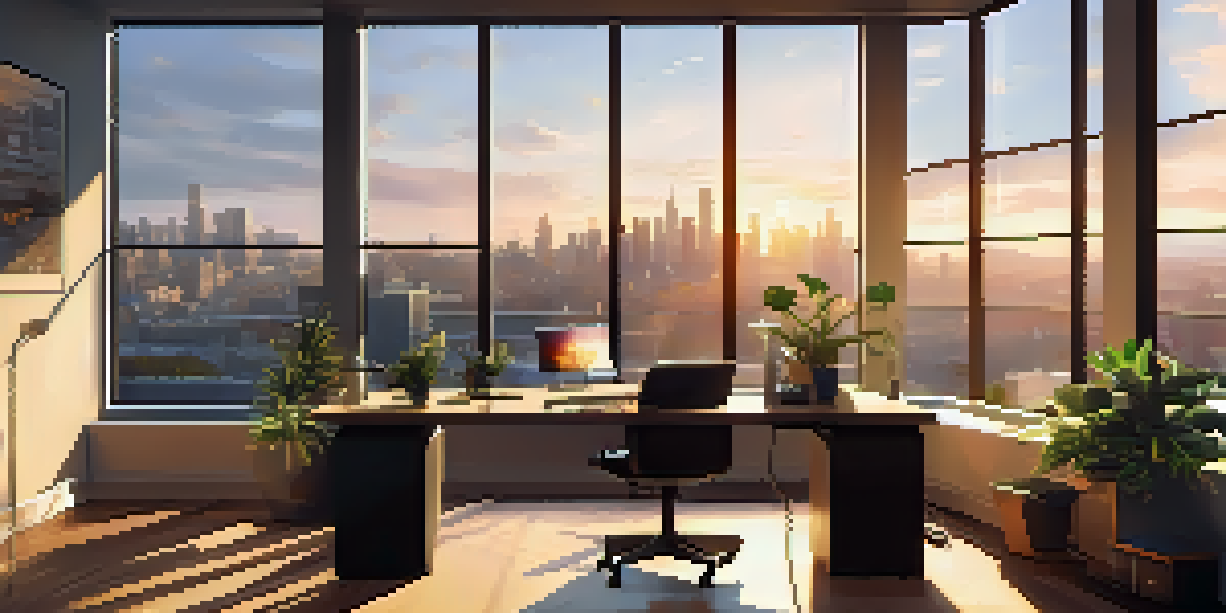 A modern office space with a city skyline view at sunset, featuring a desk and laptop.