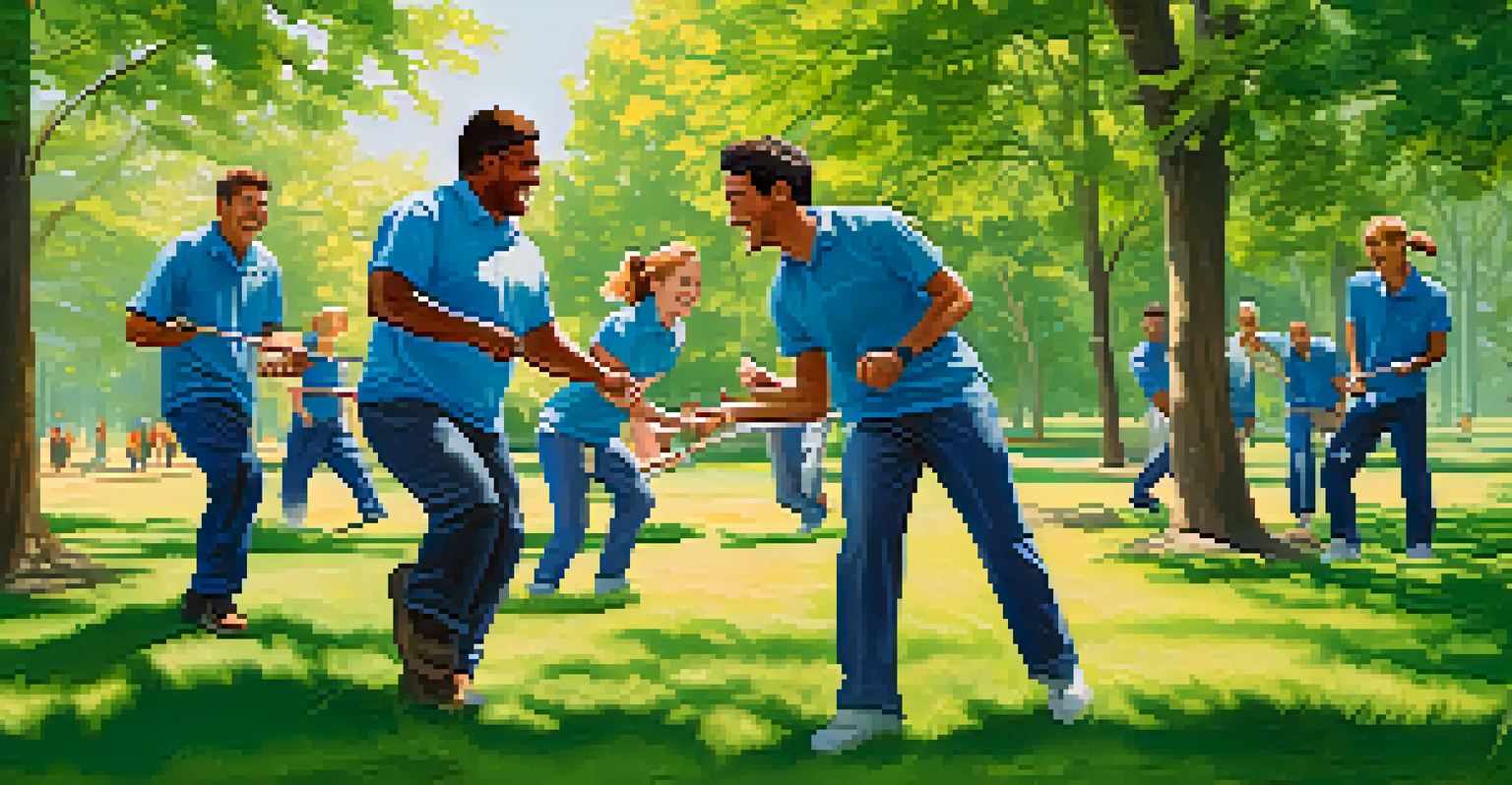 Employees participating in a fun outdoor team-building activity in a lush green park.