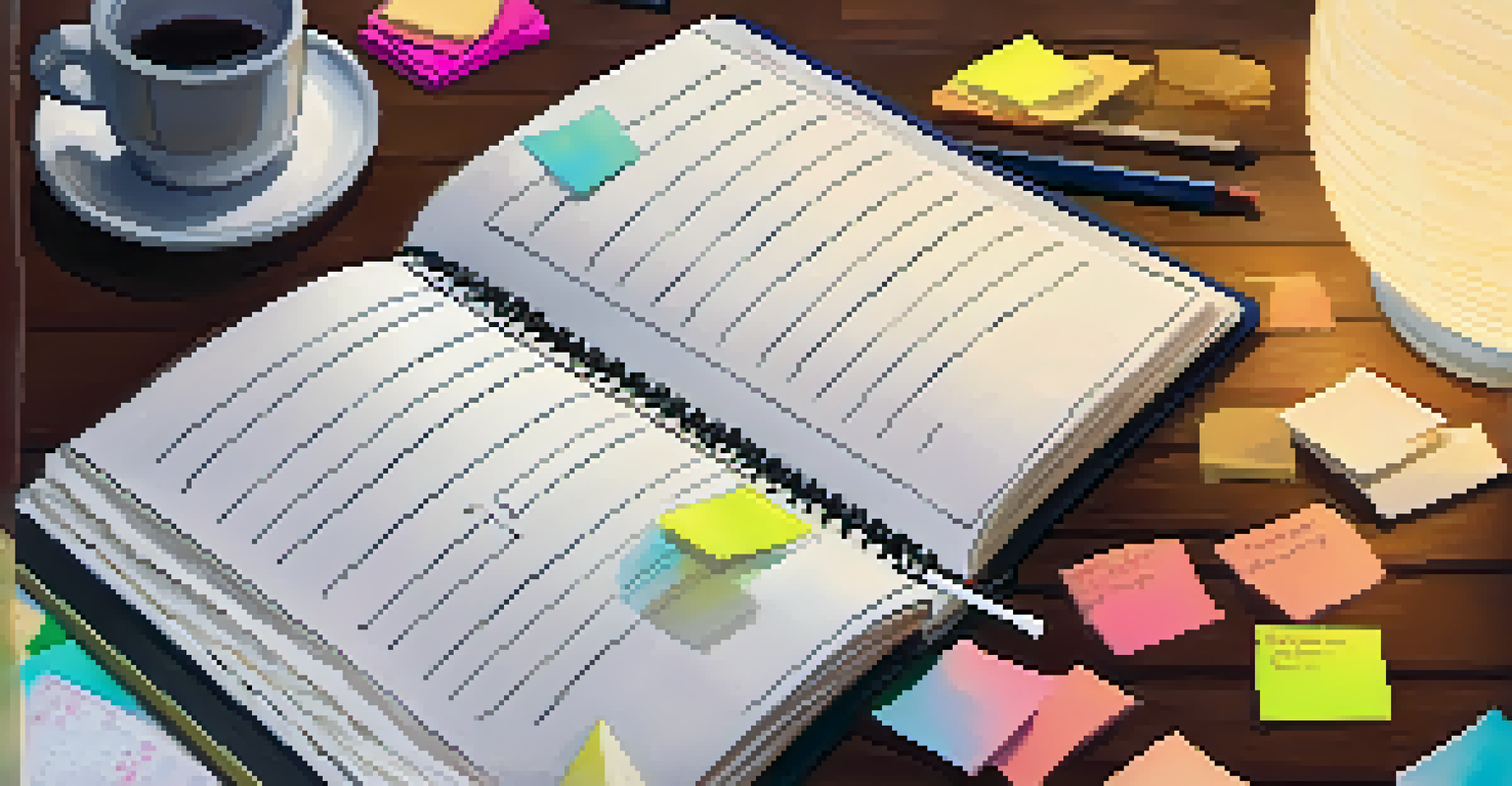 A close-up of hands writing in a planner filled with colorful sticky notes and a cup of tea, in a cozy setting.
