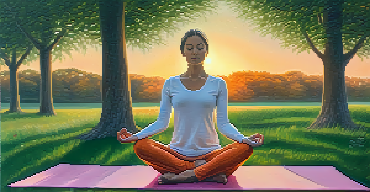 A person meditating on a yoga mat in a peaceful park during sunset, surrounded by nature.