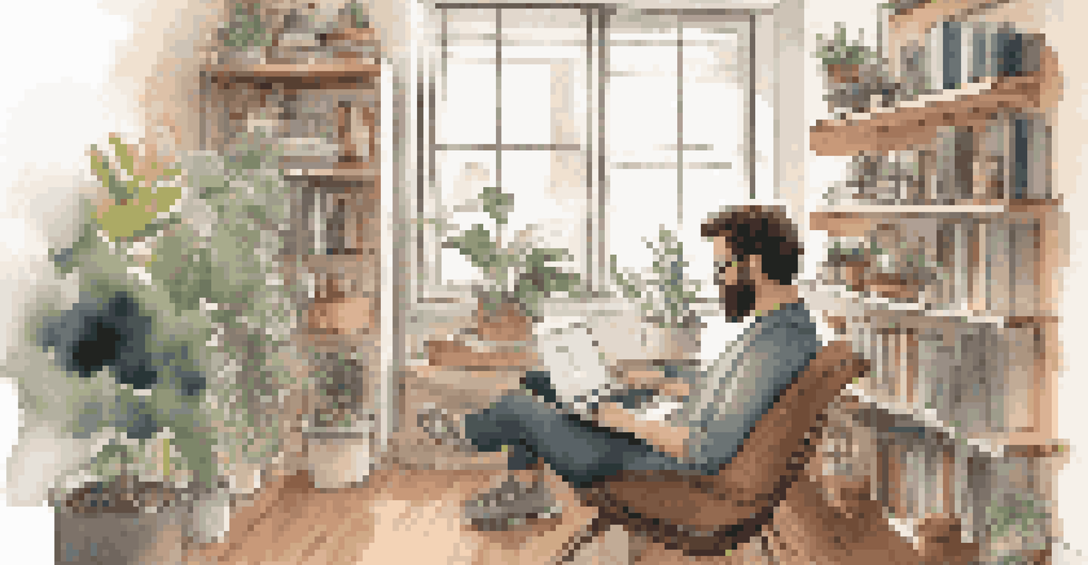 An influencer discussing CSR efforts in a cozy room with a camera in front, surrounded by books and plants, with a laptop showing a CSR campaign.