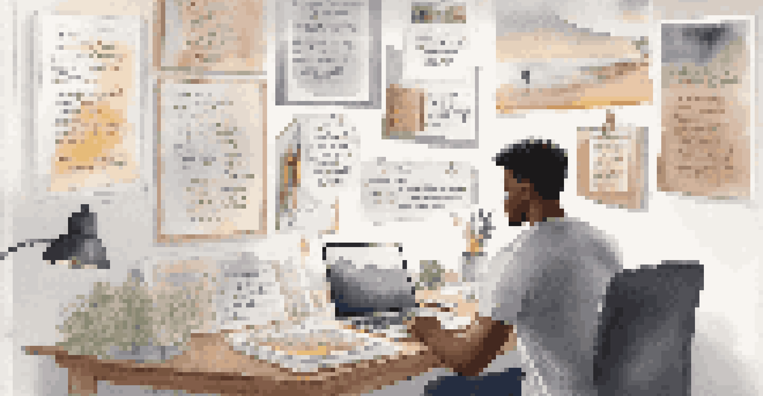 A person at a desk writing in a notebook with a vision board behind them, reflecting on their learning goals.