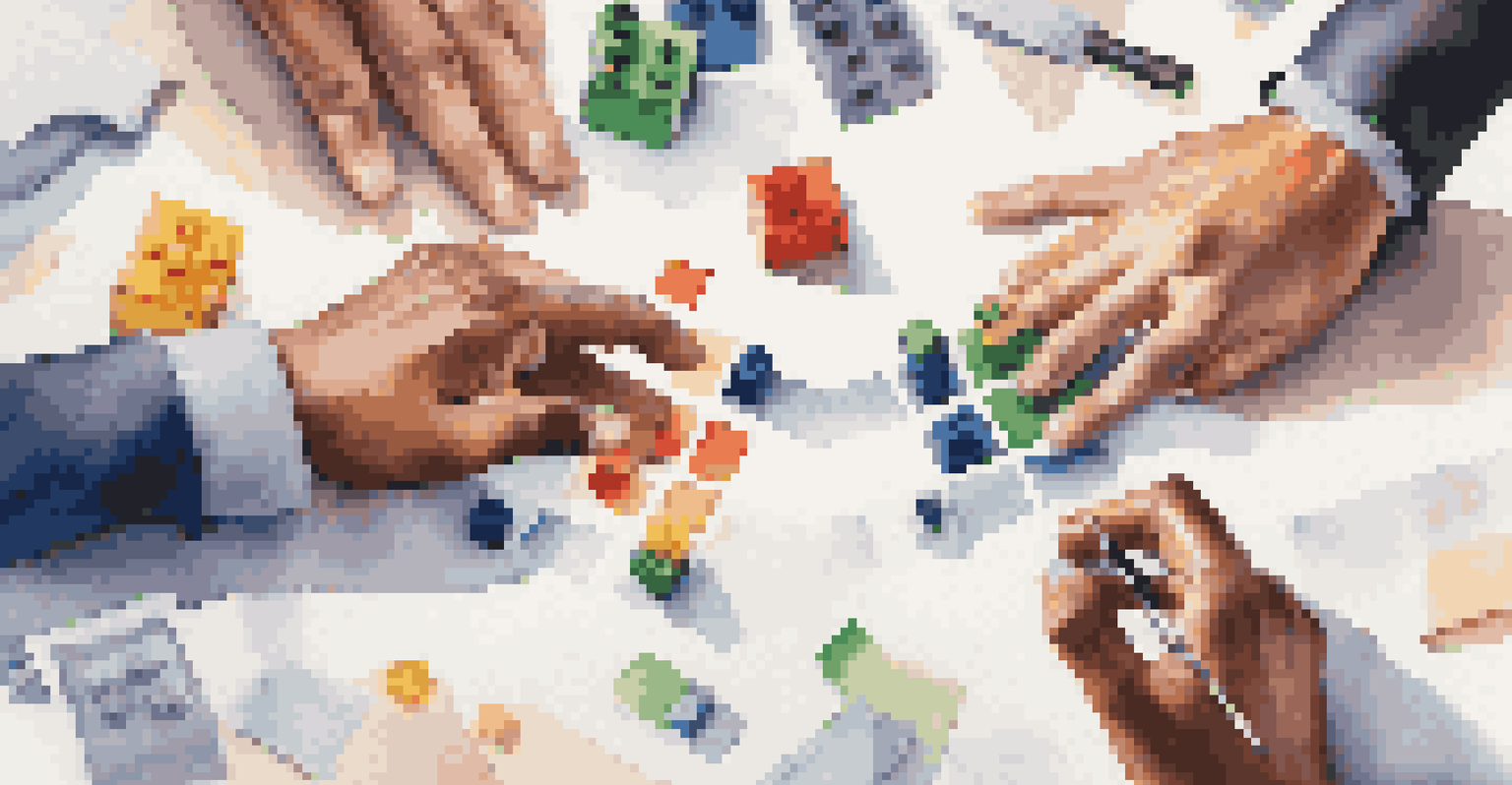 Close-up of diverse hands working together with colorful building blocks on a table, symbolizing teamwork and collaboration.