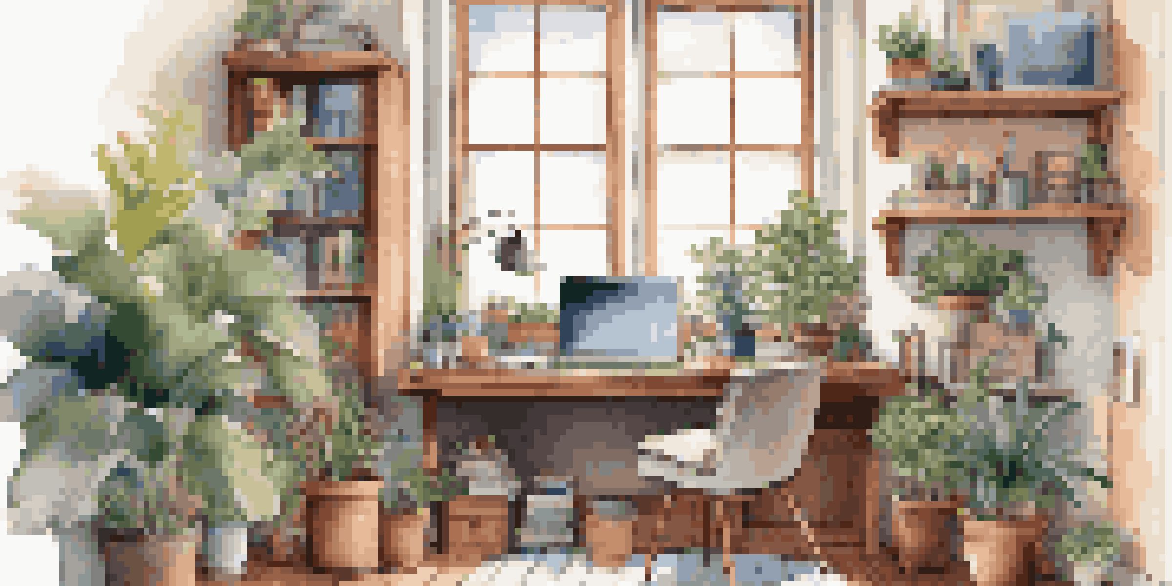 A warm and inviting home office with wooden furniture, a laptop, and creative supplies, illuminated by natural light.