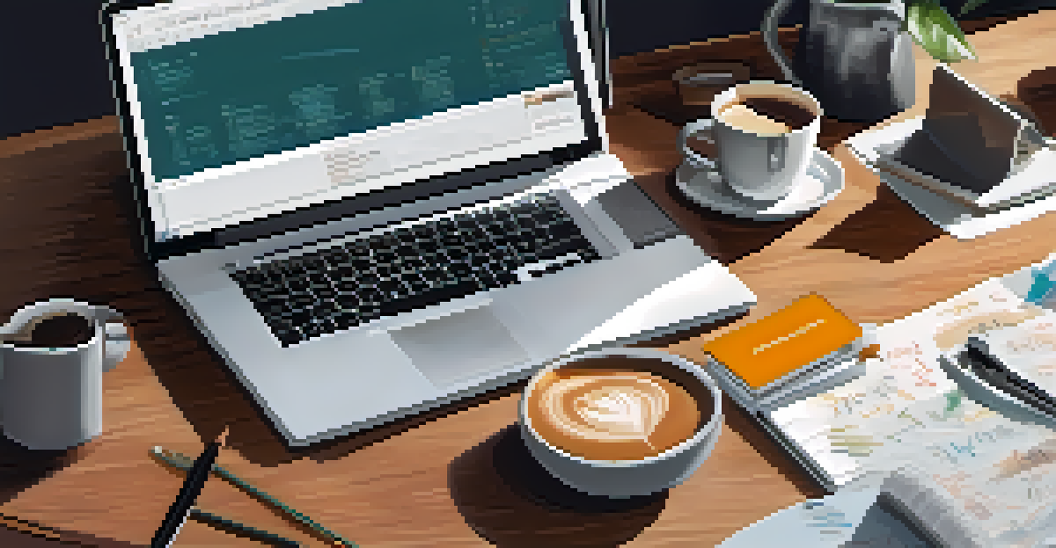 Close-up of hands typing on a laptop with a notebook and coffee cup, symbolizing lifelong learning.