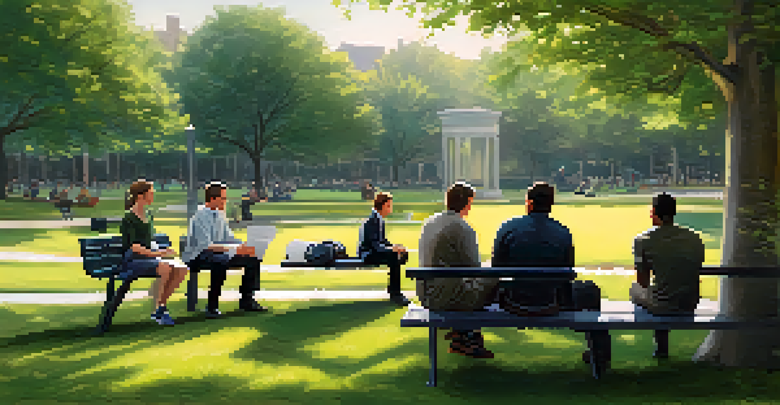 A team meeting outdoors in a park, discussing insights and reviewing notes, surrounded by greenery.