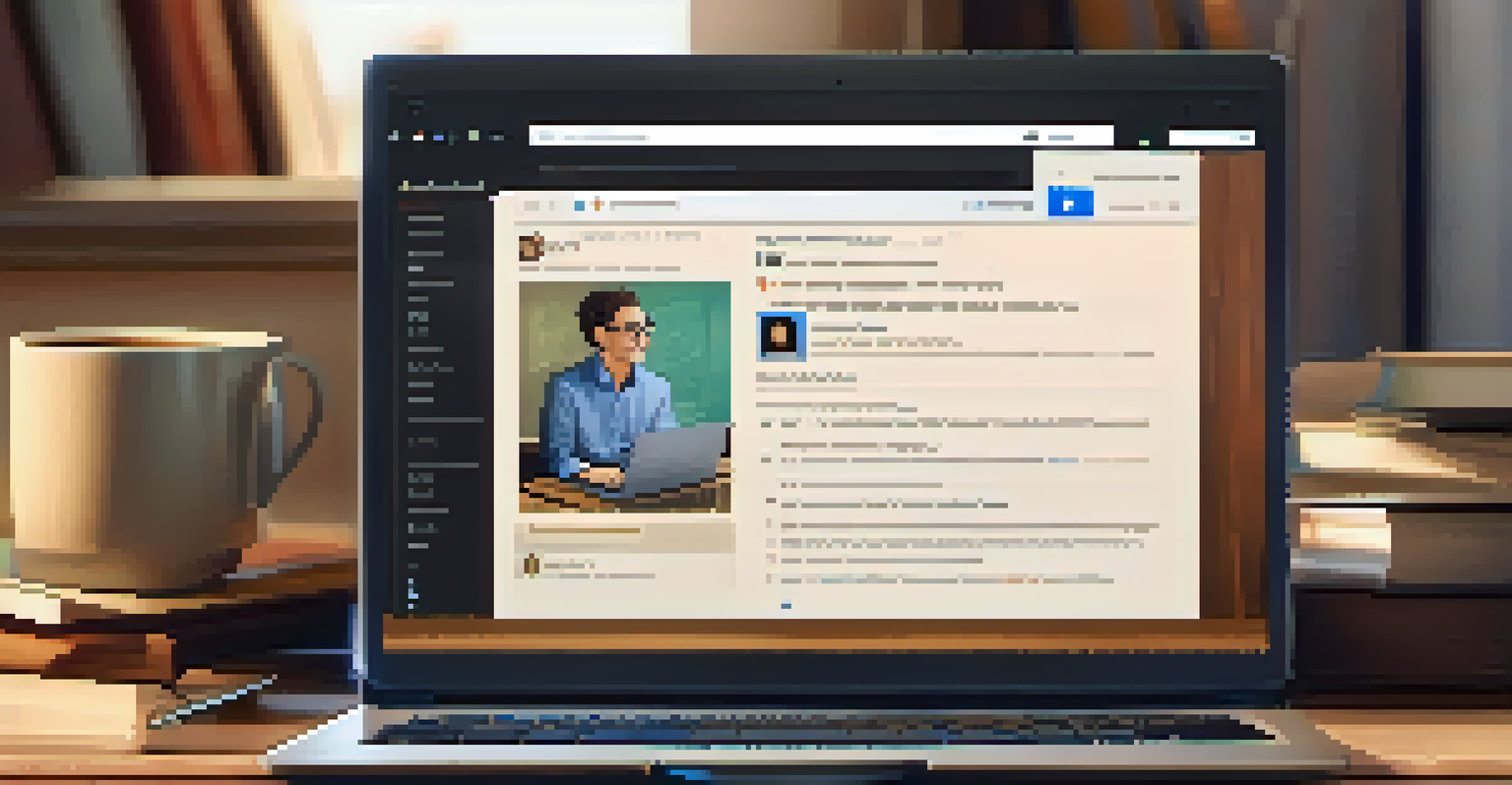 An open laptop on a desk showing a LinkedIn profile, surrounded by books on personal branding and a cup of coffee.