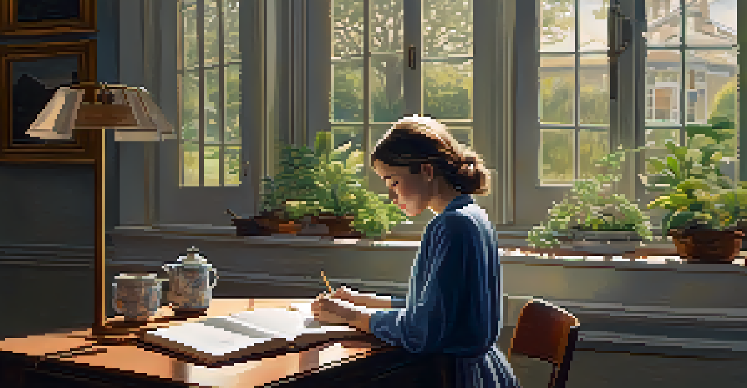 A person writing in a journal at a desk, with a cup of tea, in a warmly lit room, representing the nurturing of long-term relationships.