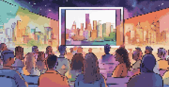 A digital networking event with diverse participants on video calls, set against a colorful city skyline.