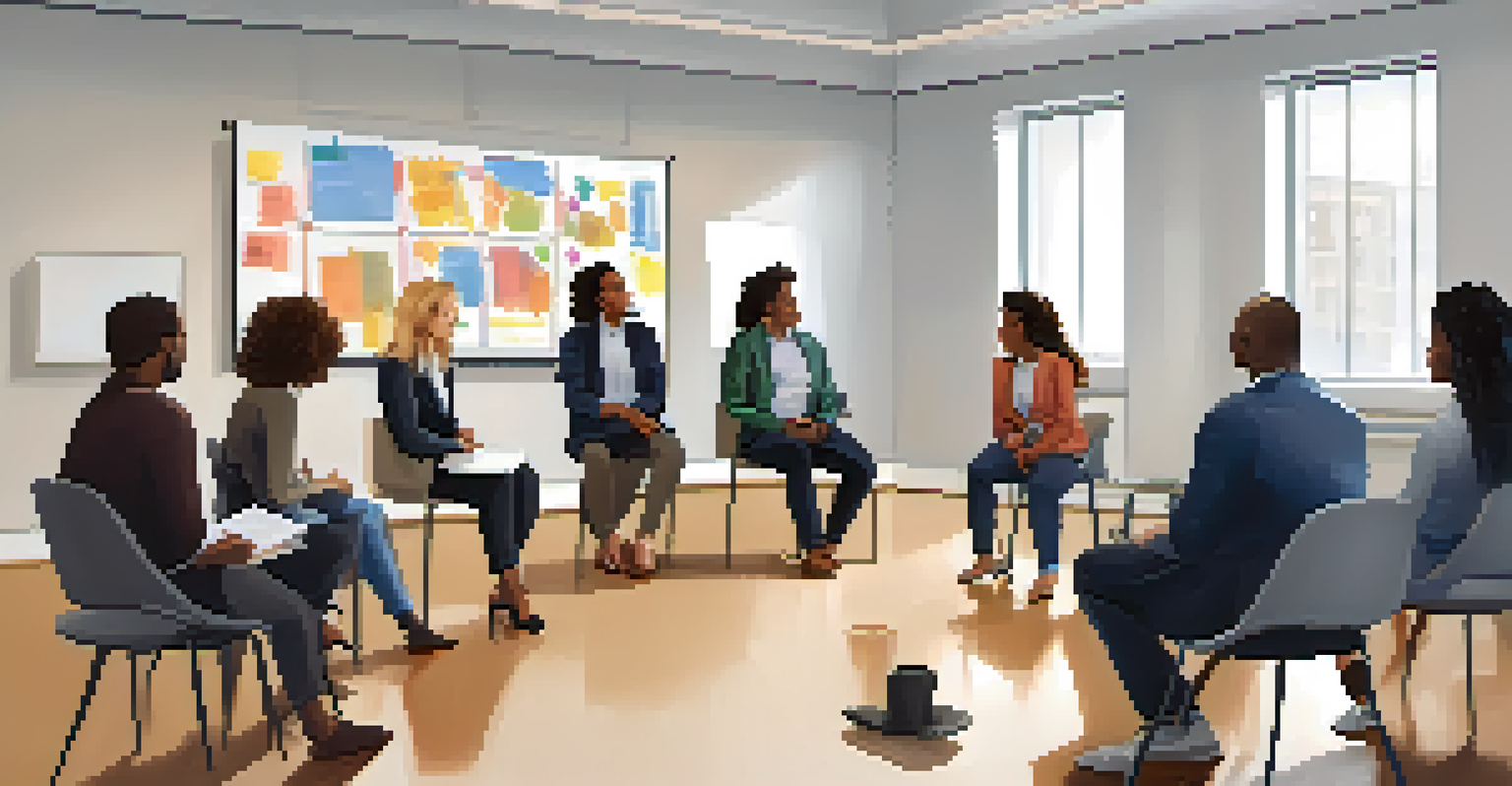 A diverse group of professionals engaged in a mentorship session in a bright room, surrounded by a whiteboard filled with ideas.